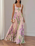 White Pleated Floral Chiffon Square Neck Sleeveless A-Line Maxi Dress
