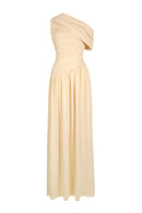 Último - Reunindo vestido maxi sólido de um ombro