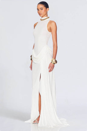 Vestido longo com fenda e ajuste em blocos de cores