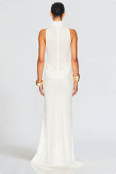 Vestido longo com fenda e ajuste em blocos de cores