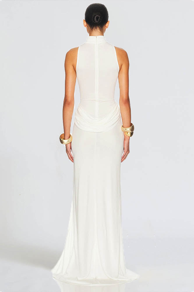 Vestido longo com fenda e ajuste em blocos de cores