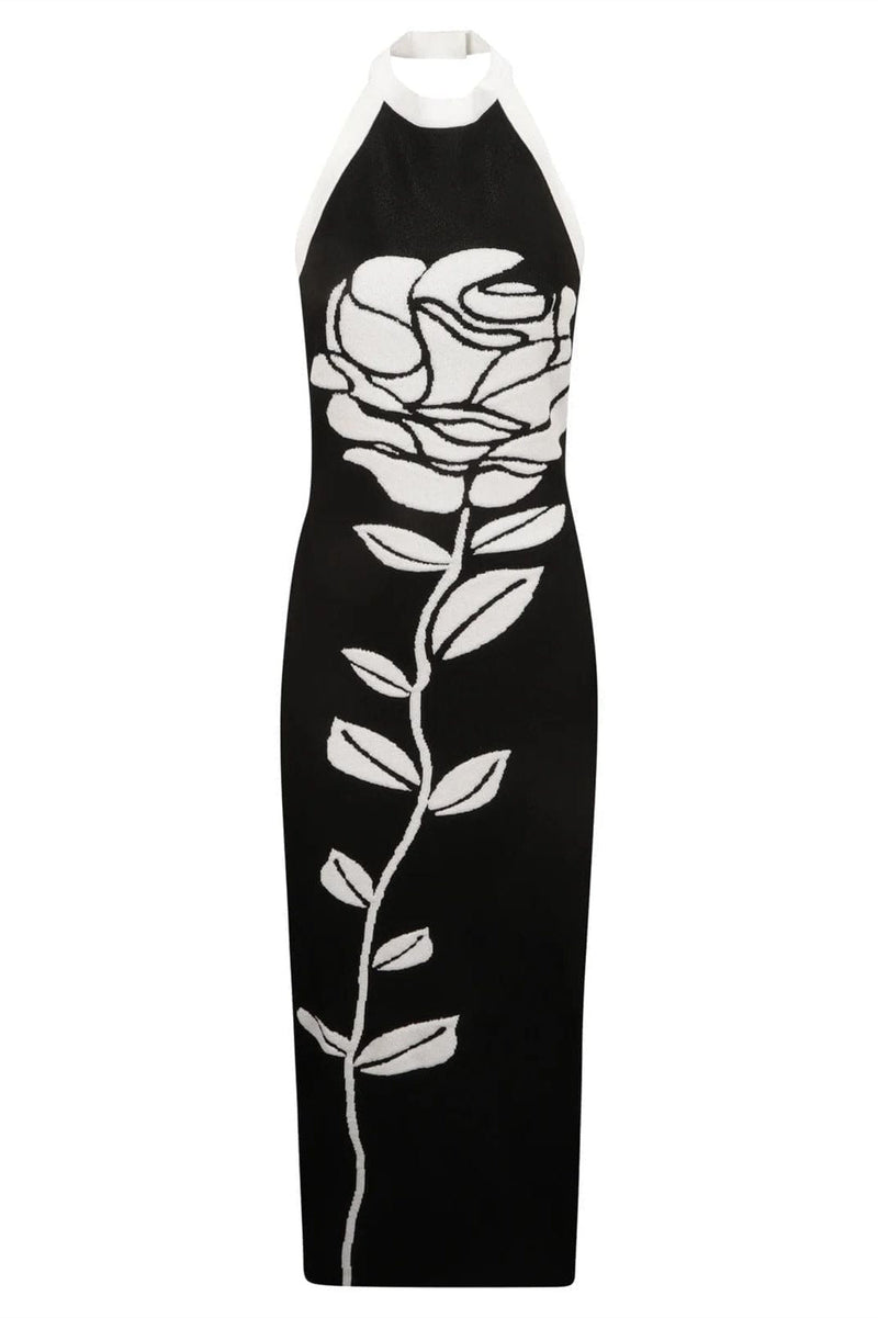 Vestido midi de malha com decote halter floral Darlene e costas abertas