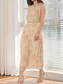 Elegant Tie-Drape Chiffon Print Midi Dress