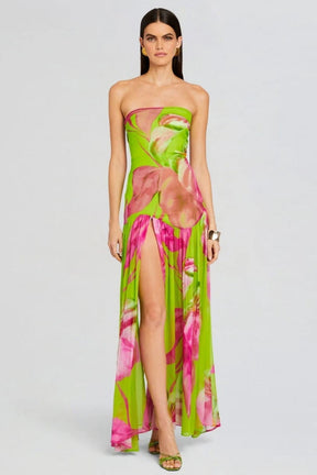 Vestido longo com fenda sem alças e estampa Pam