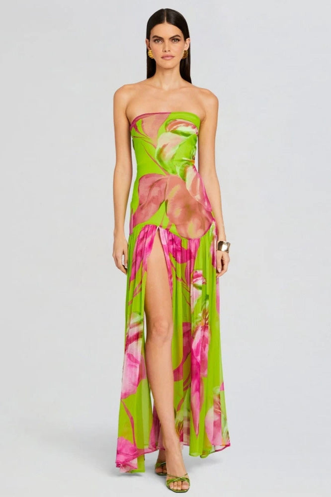Vestido longo com fenda sem alças e estampa Pam