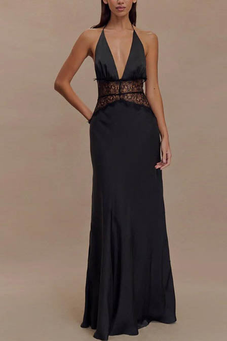 Vestido longo sexy com decote halter e costas nuas