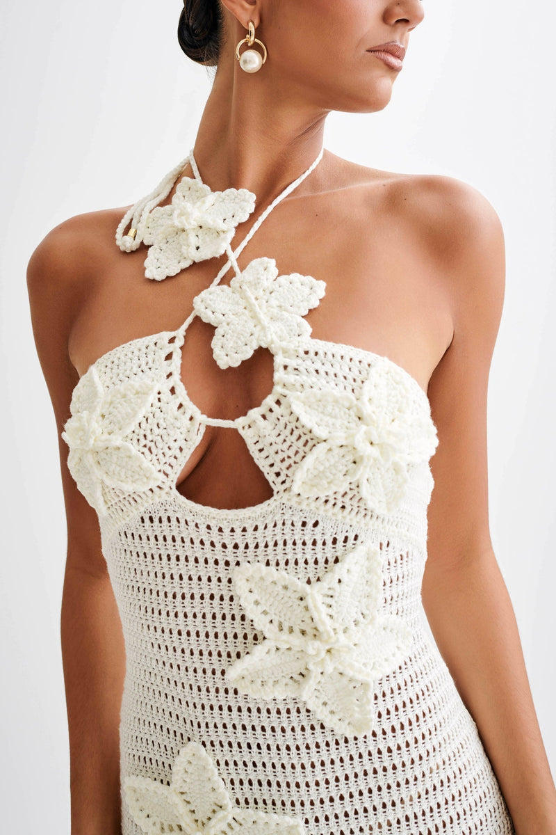 Vestido longo de crochê com apliques florais Beverly