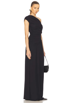 Reunindo vestido maxi sólido de um ombro