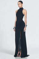 Vestido longo com fenda e ajuste em blocos de cores