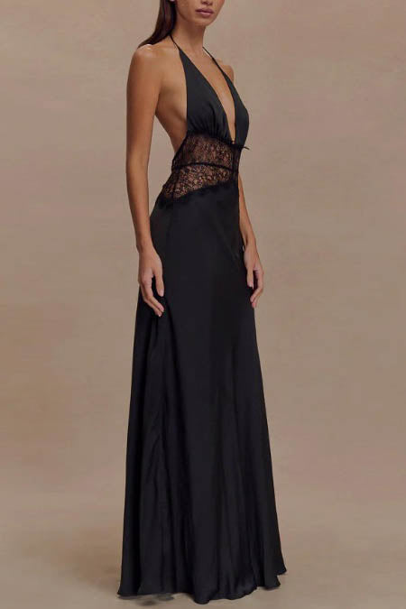 Vestido longo sexy com decote halter e costas nuas