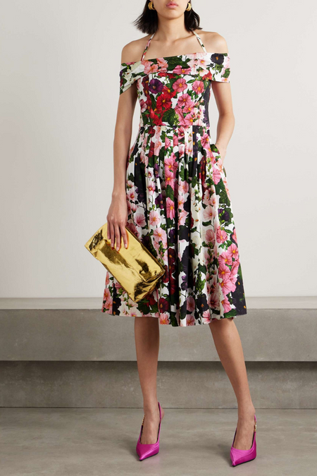 Vestido midi floral Alianora ombro a ombro