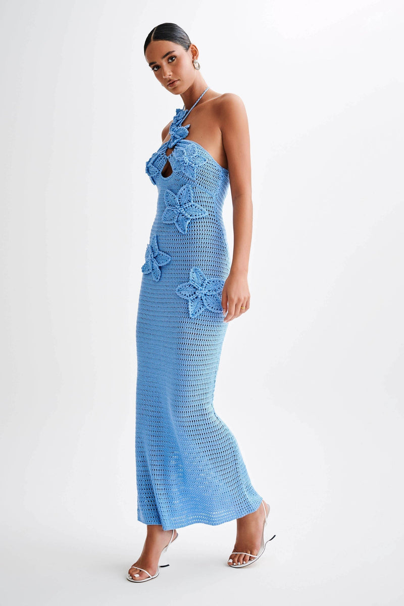 Vestido longo de crochê com apliques florais Beverly