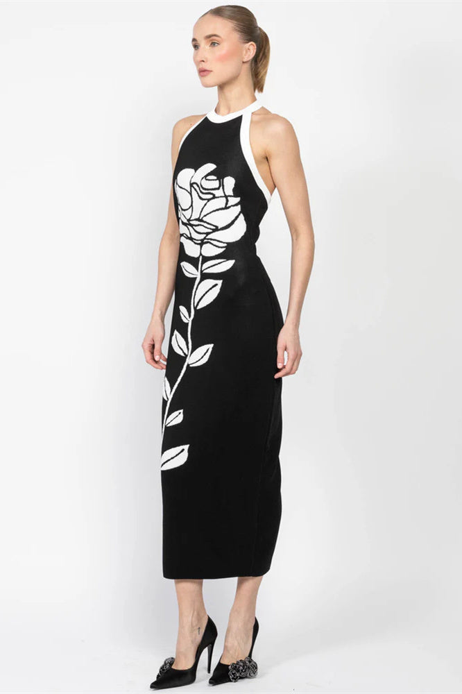 Vestido midi de malha com decote halter floral Darlene e costas abertas