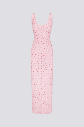 Vestido longo floral cereja sem costas