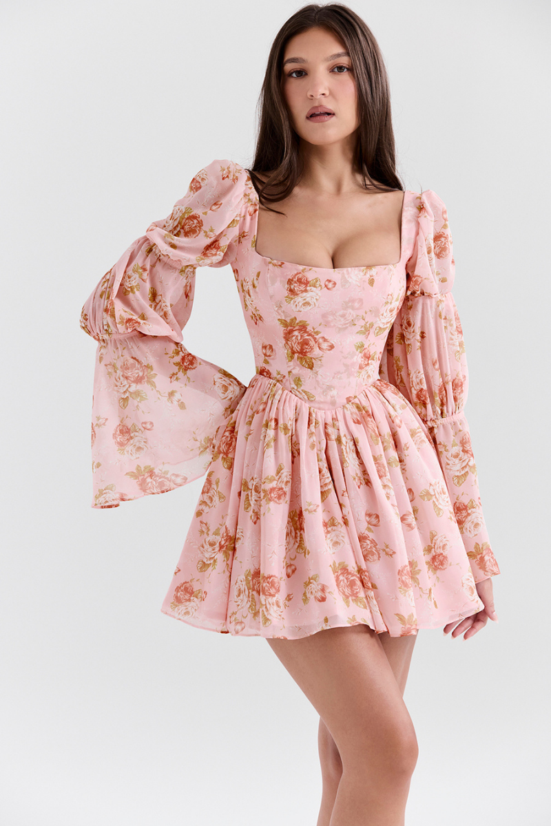 Vestido curto com decote quadrado floral divino