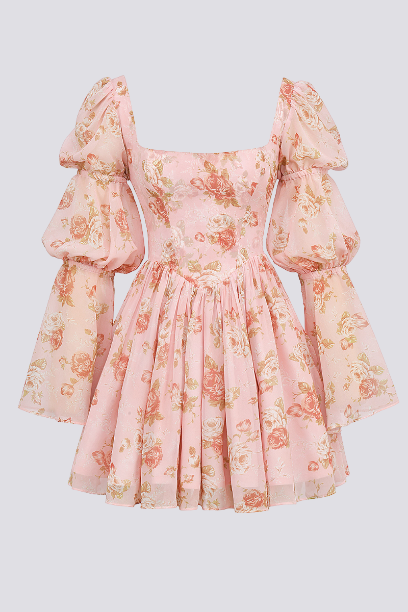 Vestido curto com decote quadrado floral divino