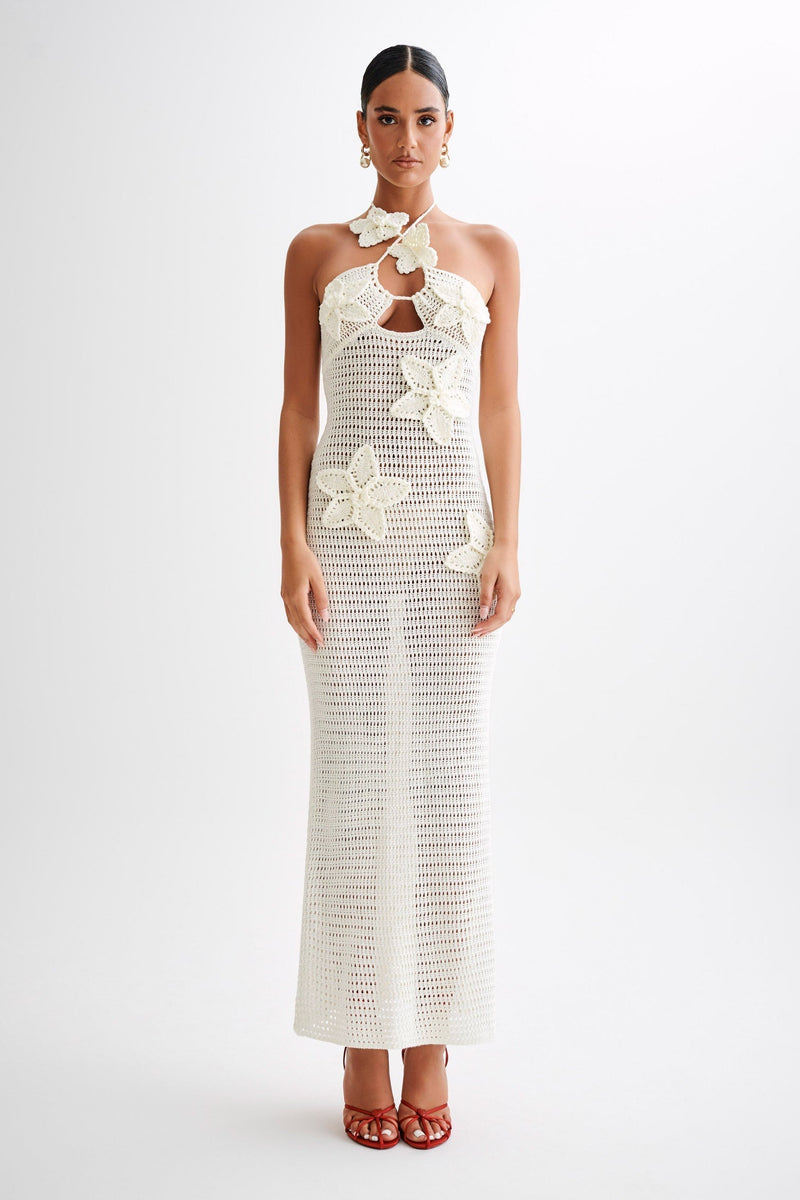 Vestido longo de crochê com apliques florais Beverly