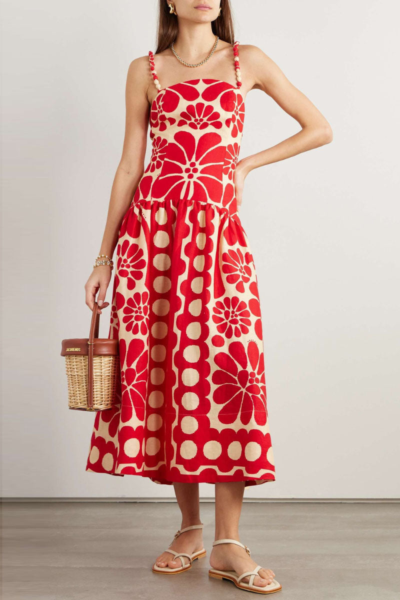 Vestido longo floral espaguete Élisabeth em vermelho
