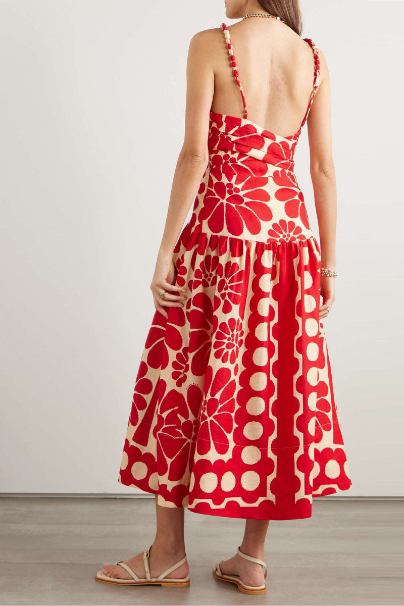 Vestido longo floral espaguete Élisabeth em vermelho