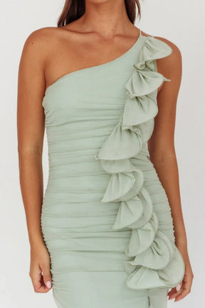 Vestido longo Haven com babados e um ombro só, Sage