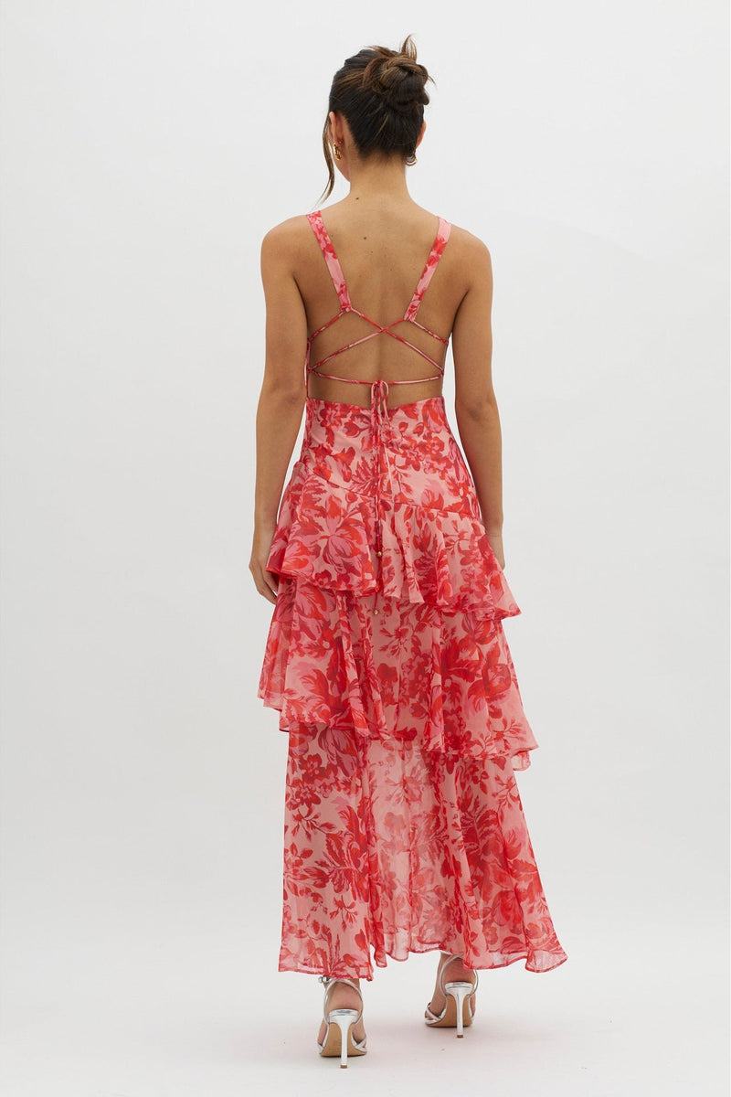Vestido maxi com babado nas costas e alças