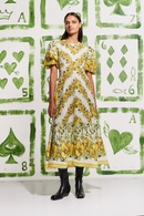 Vestido longo floral com decote redondo Rosalinde em amarelo