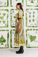 Vestido longo floral com decote redondo Rosalinde em amarelo