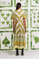 Vestido longo floral com decote redondo Rosalinde em amarelo