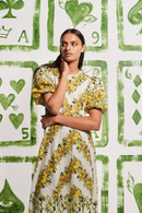 Vestido longo floral com decote redondo Rosalinde em amarelo