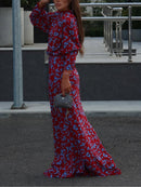 Mock Neck Long-Sleeved Floral Top and Skirt Set