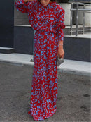 Mock Neck Long-Sleeved Floral Top and Skirt Set