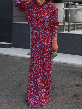 Mock Neck Long-Sleeved Floral Top and Skirt Set