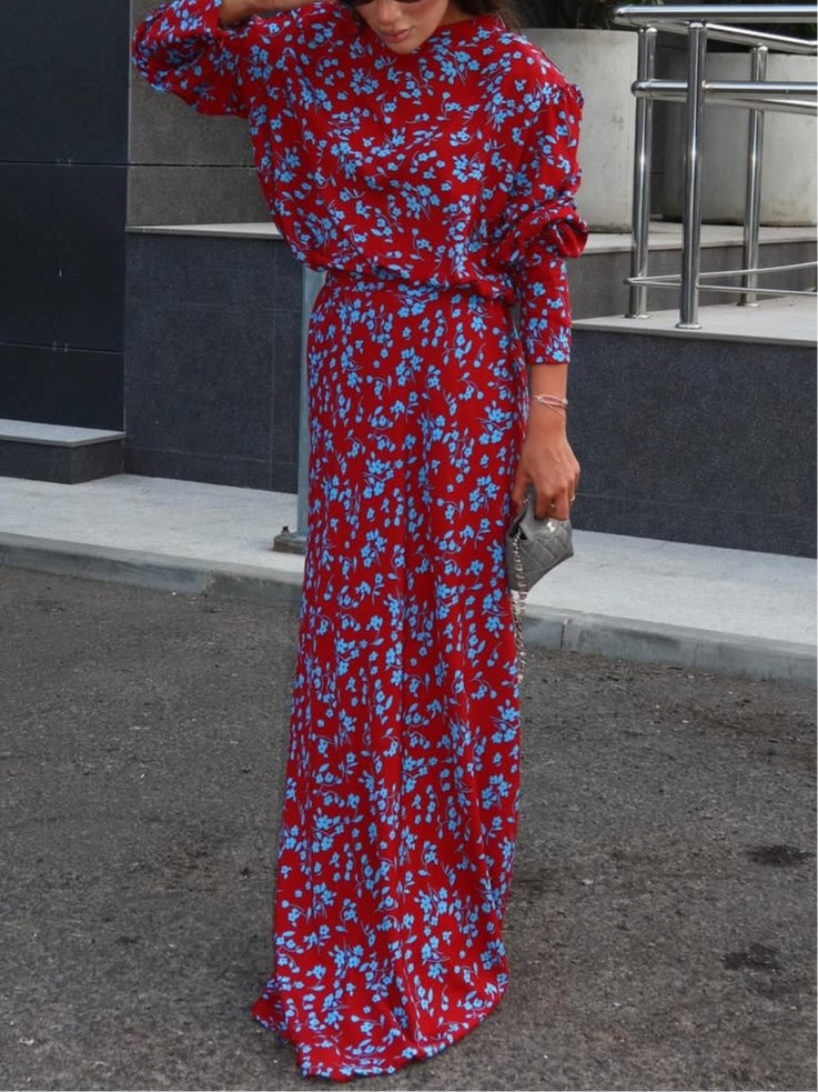 Mock Neck Long-Sleeved Floral Top and Skirt Set