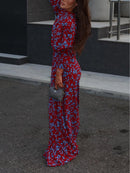 Mock Neck Long-Sleeved Floral Top and Skirt Set