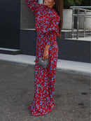 Mock Neck Long-Sleeved Floral Top and Skirt Set