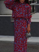 Mock Neck Long-Sleeved Floral Top and Skirt Set