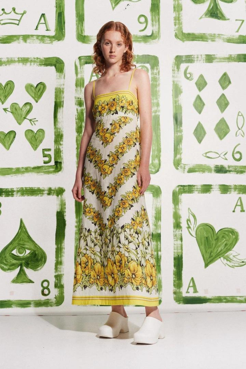 Tristane Spaghetti Floral Maxi Vestido Amarelo