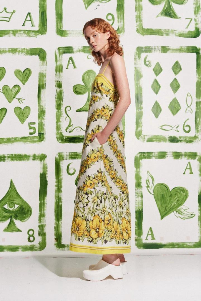 Tristane Spaghetti Floral Maxi Vestido Amarelo