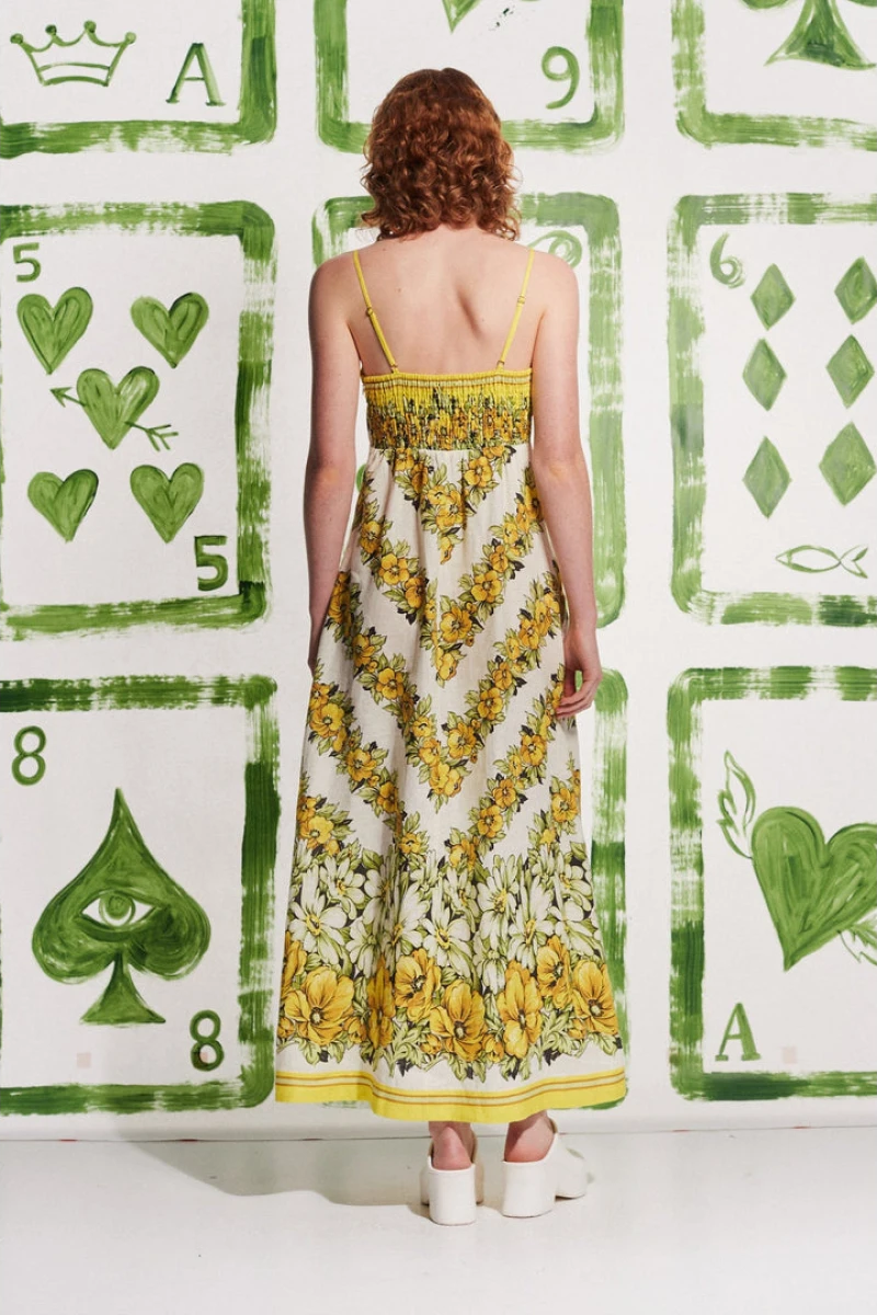Tristane Spaghetti Floral Maxi Vestido Amarelo