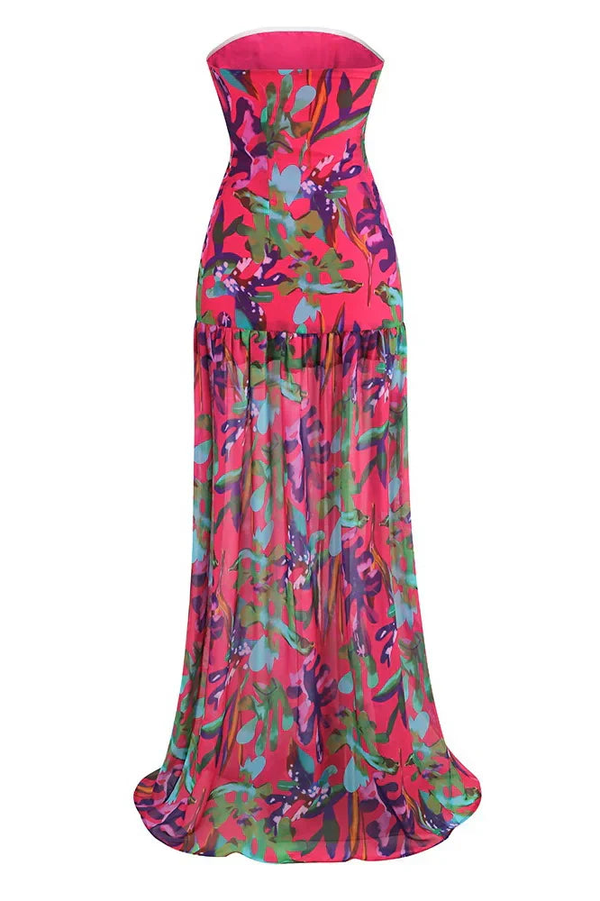 Vestido longo com fenda sem alças e estampa Pam