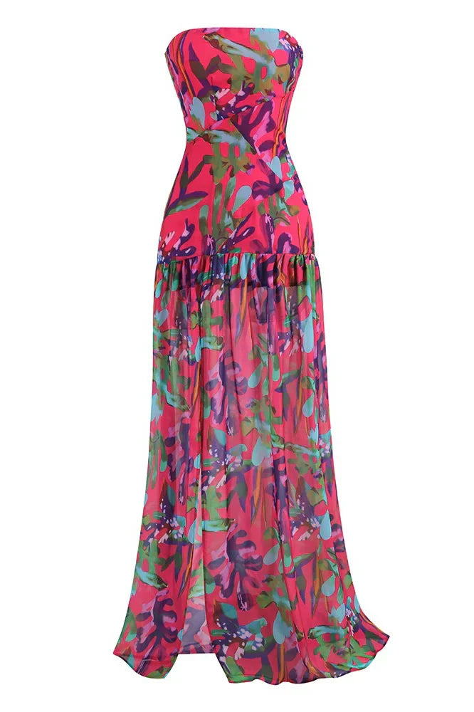 Vestido longo com fenda sem alças e estampa Pam