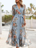 Floral Print V-Neck Short Sleeve Bow Waist Midi Dress