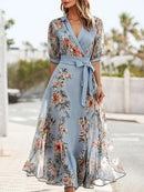 Floral Print V-Neck Short Sleeve Bow Waist Midi Dress