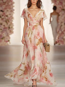 Floral Print V-neck Short-sleeved Waist Casual Maxi Dress