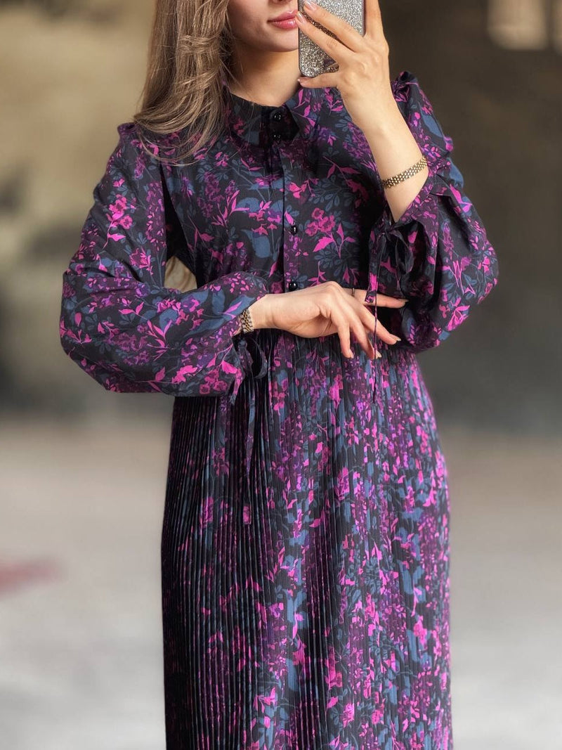 Elegant Floral Print Pleated Shirt Maxi Dress