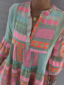 Elegant Patchwork Printed V-neck Three-quarter Sleeve Dress