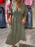 Elegant Pink Striped Floral Print Deep V Dress