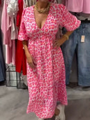 Elegant Pink Striped Floral Print Deep V Dress