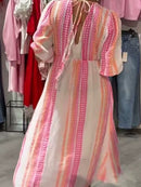 Elegant Pink Striped Floral Print Deep V Dress