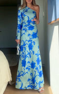 Teal One-shoulder Floral Print Maxi Dress